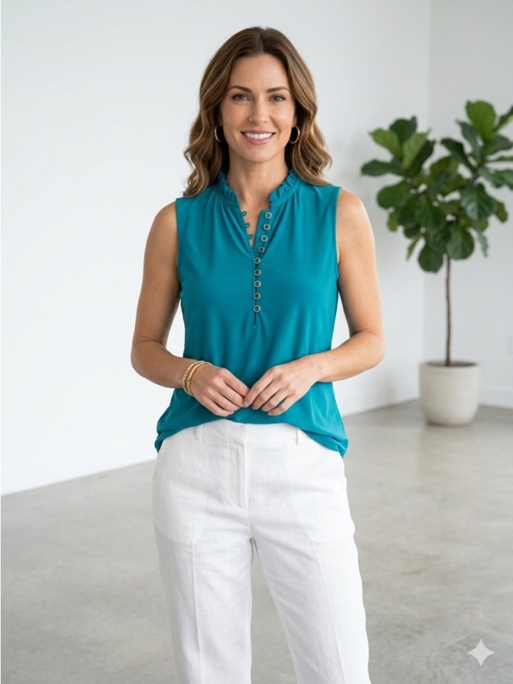 Elie Tahari Teal S Ruffle-Neck Henley Sleeveless Blouse Gold Buttons